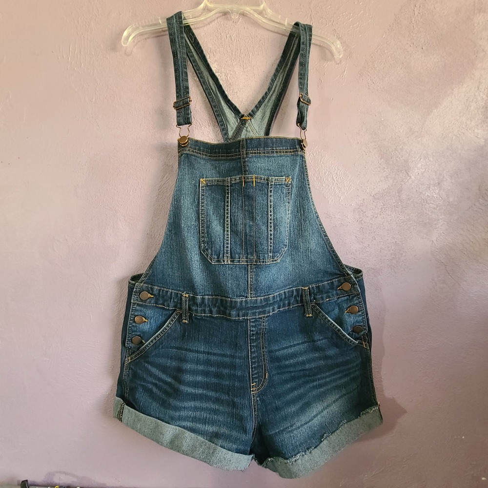 No Boundaries Stretch Denim Shortalls Women XXL 19 Dark Wash Relaxed Fit Shorts